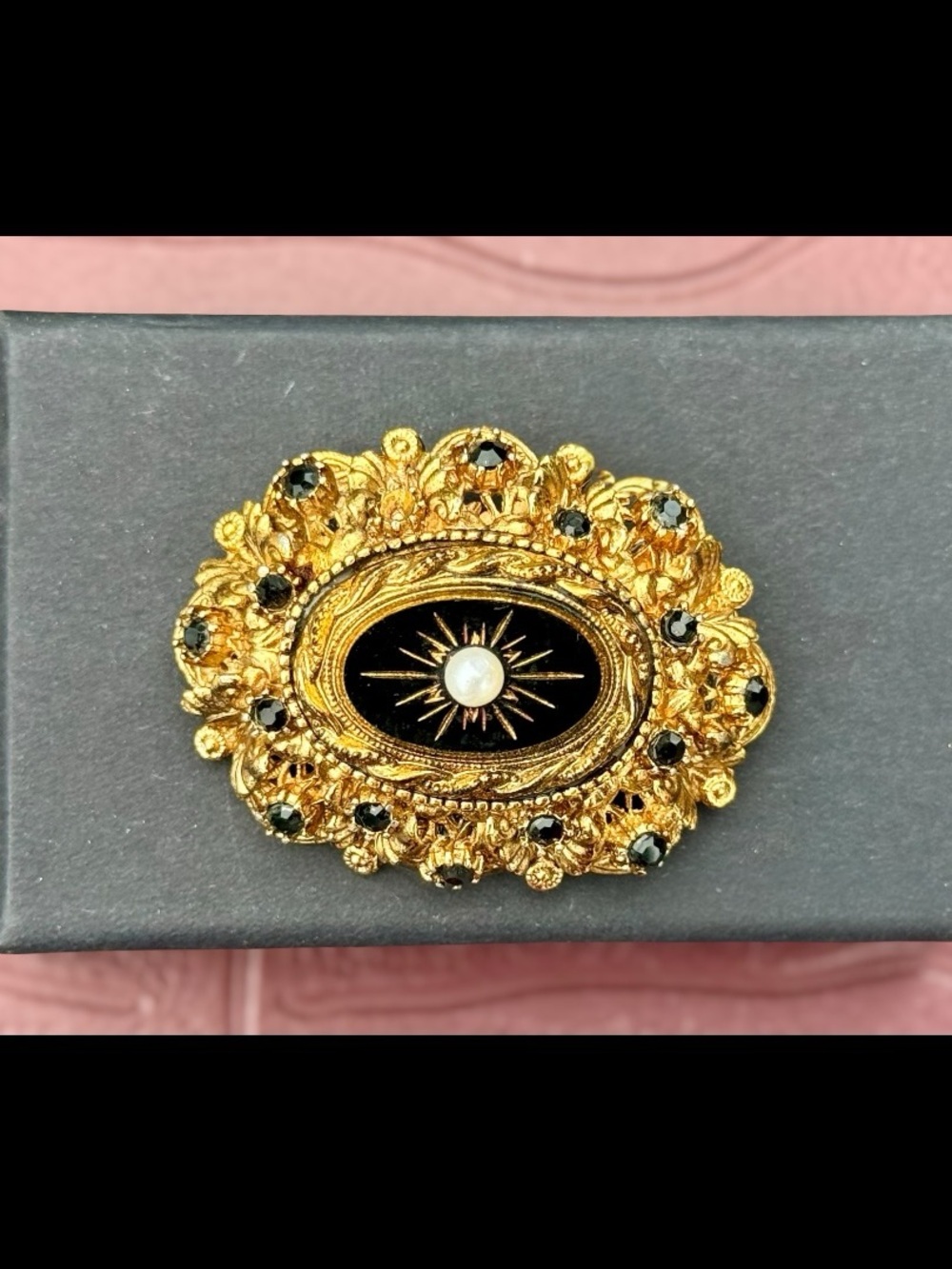 Vintage Sphinx A829 Victorian Revival Brooch Black Enamel Faux Pearl Rhinestone